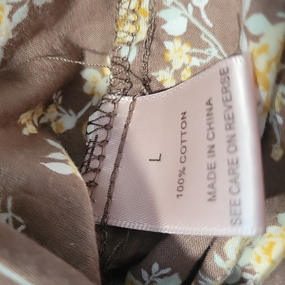 Brown Floral 100% Cotton Puff Sleeve Stretchy Boho Blouse L - Picture 7 of 14